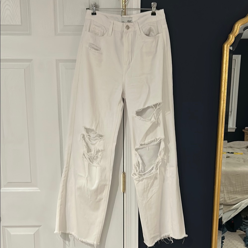 Vervet White Wide Leg Jeans with Distressed Details